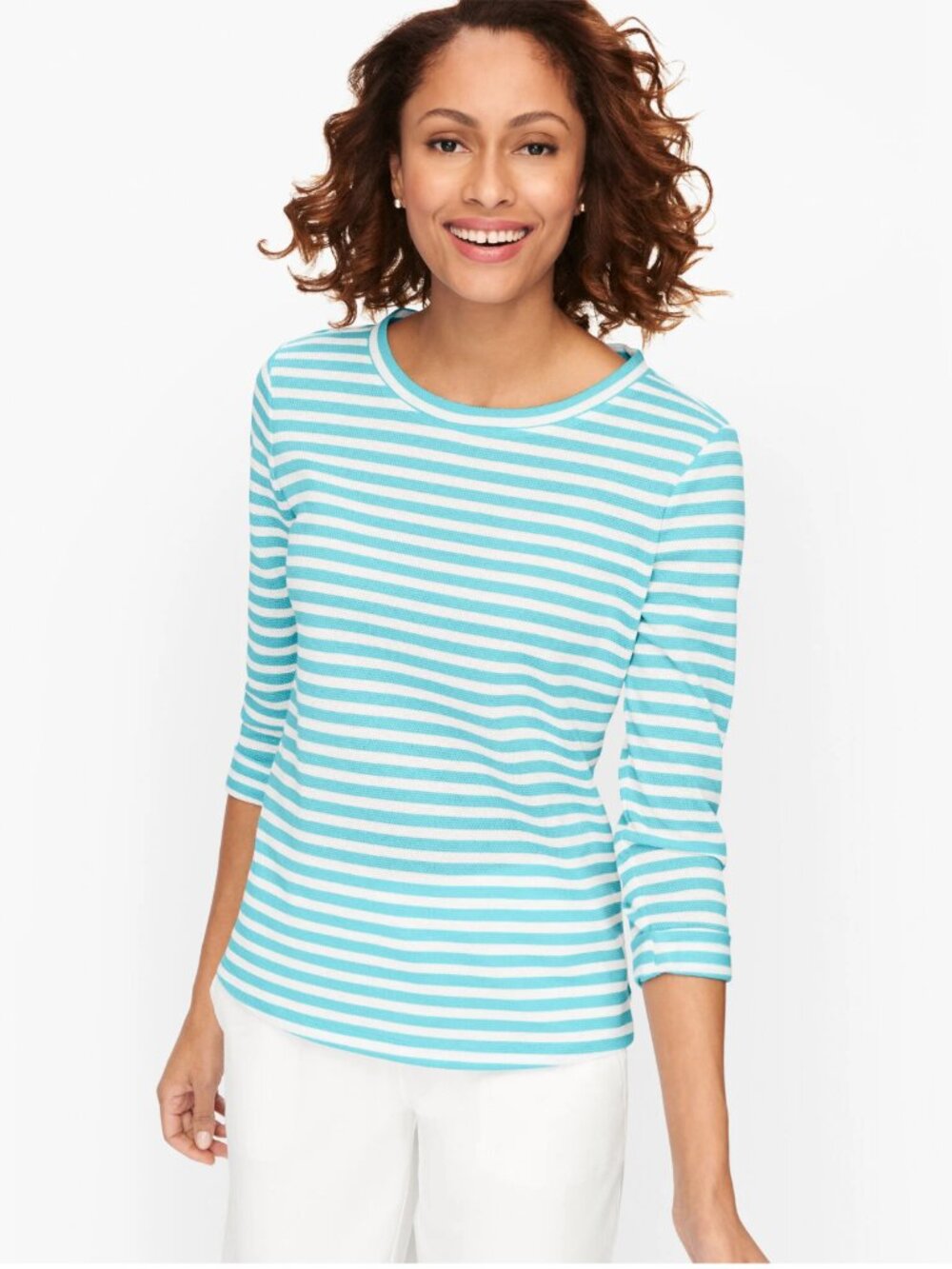NWT T By Talbots Waffle Knit Keyhole Roll Cuff Top Aqua White Striped Size L